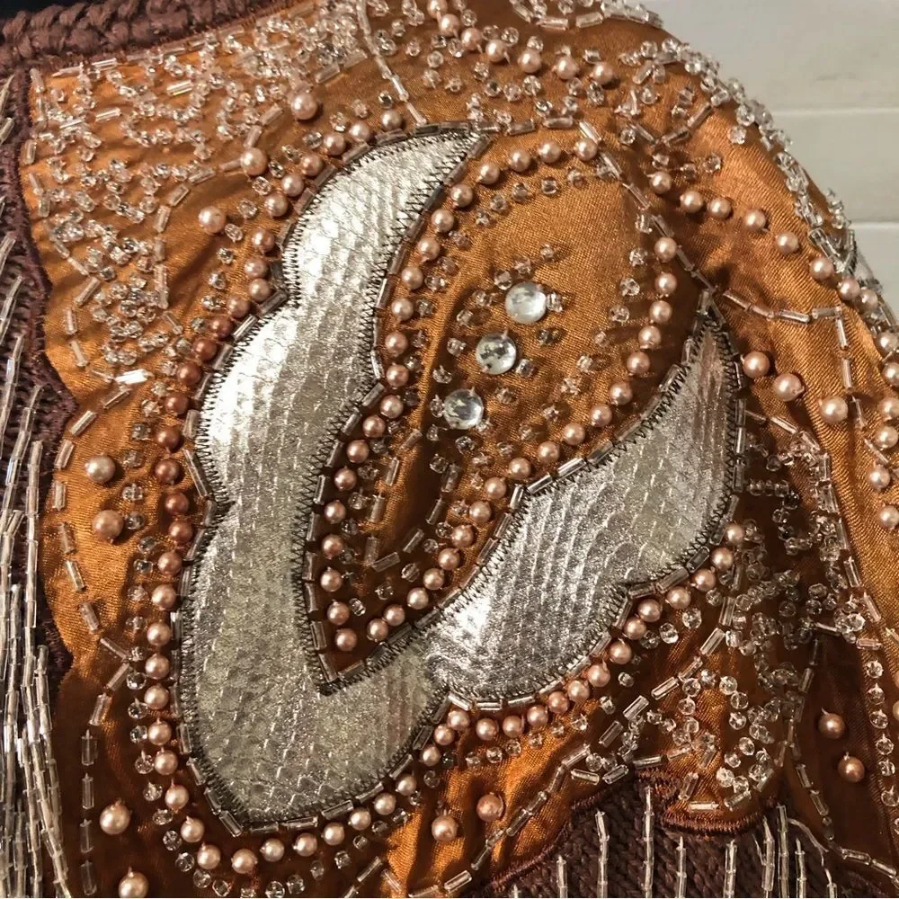 Vintage 80s 90s dolman sleeves beaded chocolate brown cotton tunic sweater sz L - Picture 6 of 9